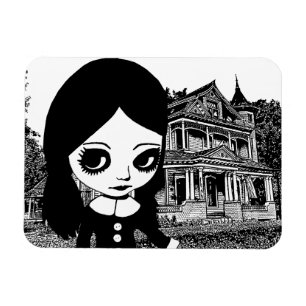 Big eye Goth girl Haunted house Original art Magnet
