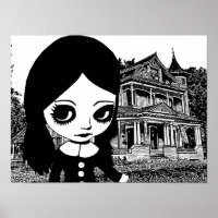 Big eye Goth girl Haunted house Original art