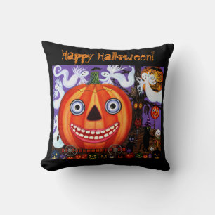 Big Eye Grinning Halloween Pumpkin Black Cats Cushion
