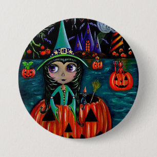 Big Eye Halloween Witch Girl Riding in a Pumpkin 7.5 Cm Round Badge