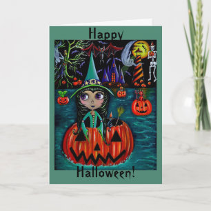 Big Eye Halloween Witch Girl Riding in a Pumpkin Card