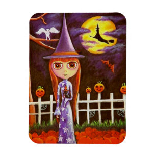 Big Eye Halloween Witch Pumpkins on Fence Owl Magnet