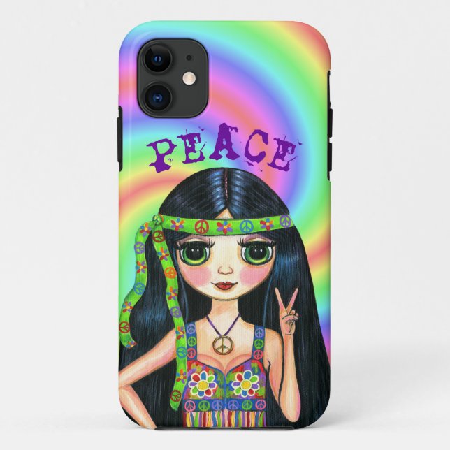 Big Eye Hippie Chick Peace Sign Cute 1960s 1970s Case-Mate iPhone Case (Back)