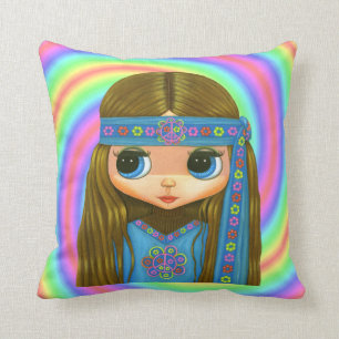Big Eye Hippie Doll Girl in Blue Headband Cushion