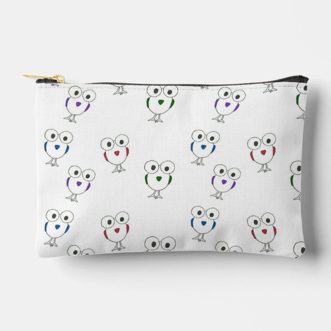 Big eyed bird pattern white accessory pouch (Front)