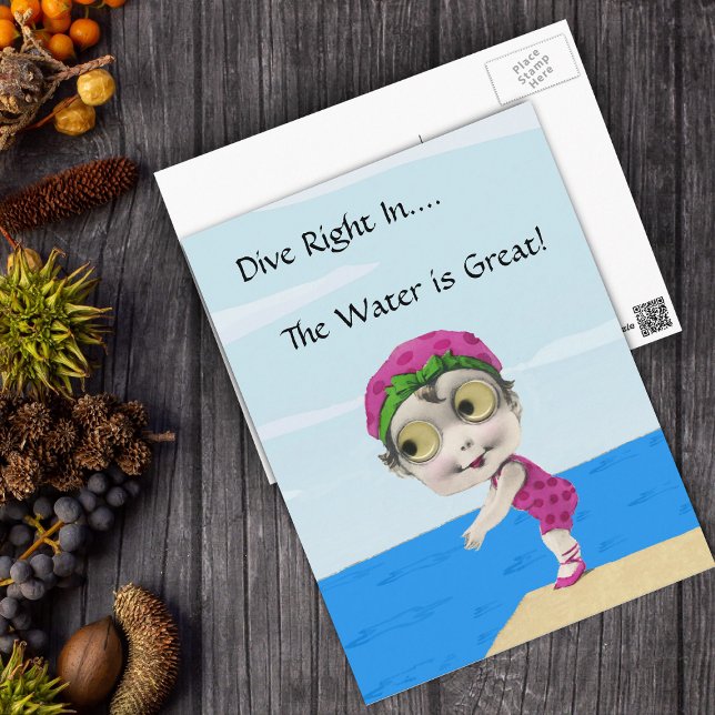 Big Eyed Girl Swimmer PostCard (Cute big eyes swimmer girl pink polka dot bathing suit blue water on postcard.)