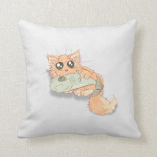 Big Eyed Kitty With A Fish Artwork Cushion