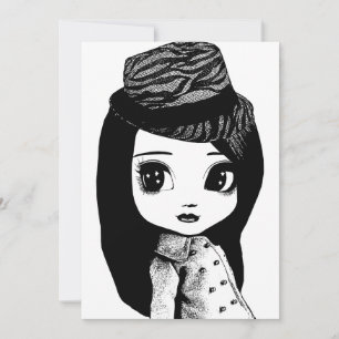 Big Eyes cute Girl Fedora hat Original Art Thank You Card