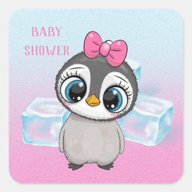 Big Eyes Cute Penguin with Pink Bow Baby Shower  Square Sticker (Front)