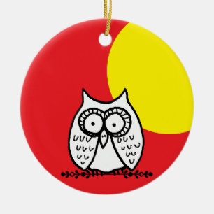 Big Eyes Funny Cartoon Owl & Moon Red Ceramic Tree Decoration