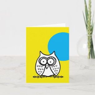 Big Eyes Funny Cartoon Owl & Moon Yellow Folded Note Card