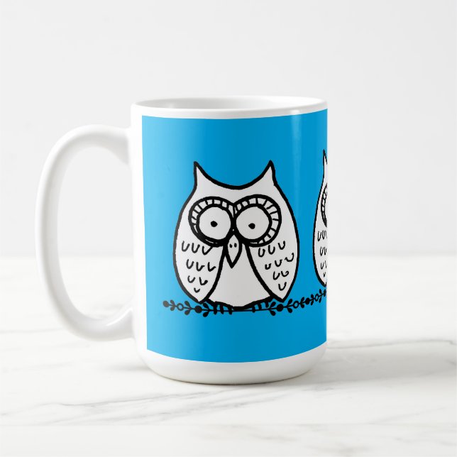 Big Eyes Funny Three Cartoon Owls Blue Coffee Mug (Left)