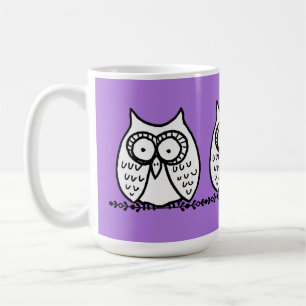 Big Eyes Three Cartoon Owls Halloween Purple Coffee Mug