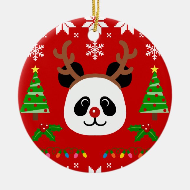 Big Face Panda Cartoon Christmas Antlers Ceramic Tree Decoration (Front)