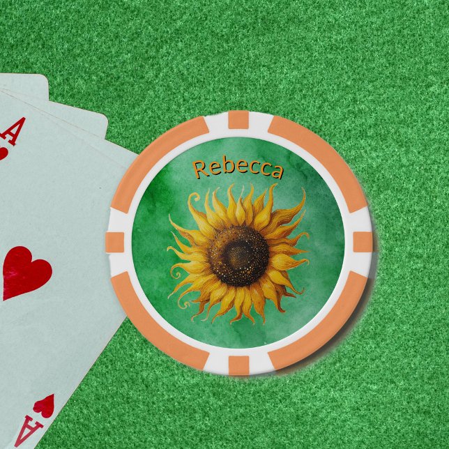Big Fancy Yellow Brown Spring Sunflower Green Poker Chips (Big fancy brown and yellow sunflower on shades of watercolour green on poker chips.)