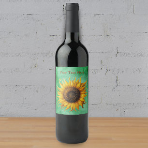 Big fancy Yellow sunflower on shades of green Wine Label
