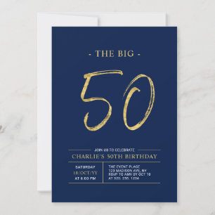 Big Fifty   Gold & Navy Blue 50th Birthday Party Invitation