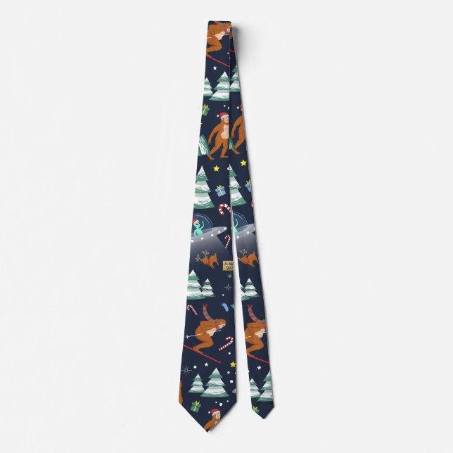 Big Foot, Aliens, & Reindeer Sci-Fi Christmas Tie (Front)