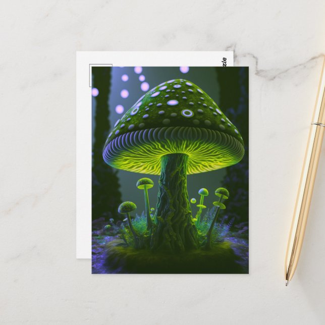 Big Glowy Mushroom - Green & Indigo Postcard (Front/Back In Situ)