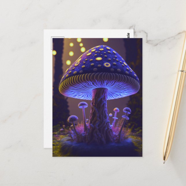 Big Glowy Mushroom - Indigo & Yellow Postcard (Front/Back In Situ)
