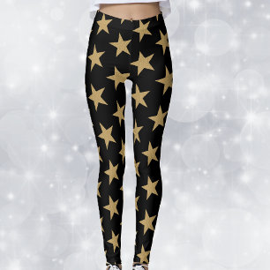 Big Gold Christmas Stars on Black Leggings