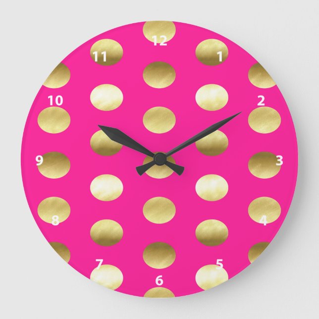 Big Gold Foil Polka Dots Hot Pink Large Clock (Front)