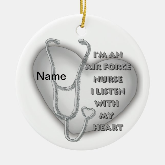 Big Grey Heart Air Force Nurse Ceramic Tree Decoration (Front)