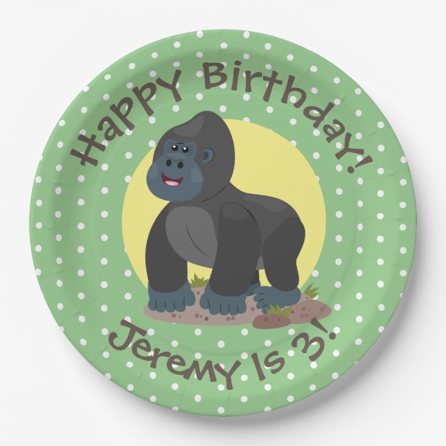 Big happy gorilla cartoon illustration paper plate (Front)