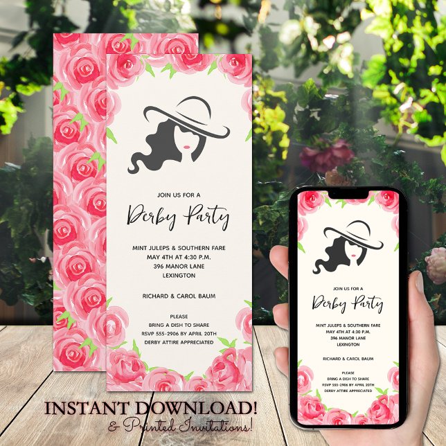 Big Hat and Roses Derby Party Invitation (Big Hat and Roses Derby Party Invitations - INSTANT DOWNLOAD and printed!)