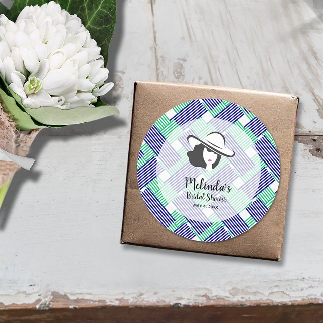 Big Hat Derby Bridal Shower Blue and Green Stripes Classic Round Sticker (Big hat Derby bridal shower 3" stickers (1-1/2" available, too))