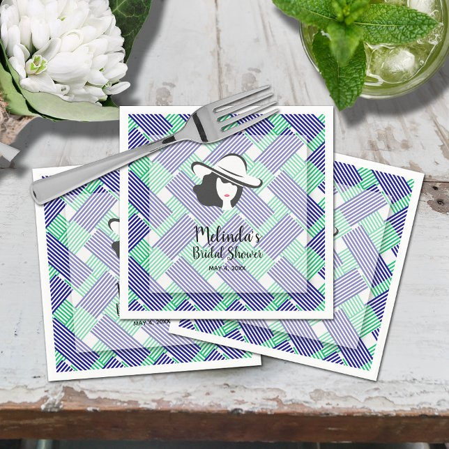 Big Hat Derby Bridal Shower Napkin (Derby hat blue and green diagonal stripes bridal shower cocktail napkins)