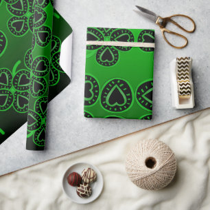 Big Hearts Clovers St Patrick Green Wrapping Paper