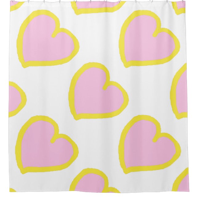 Big hearts pattern yellow pink on white shower curtain (Front)