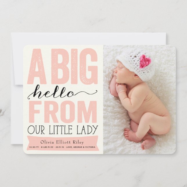 Big Hello Little Lady Baby Girl Birth Announcement (Front)