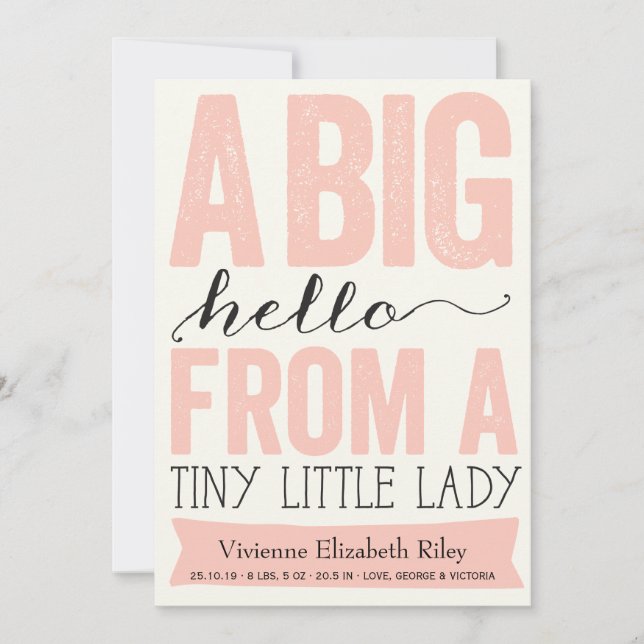 Big Hello Little Lady Baby Girl Birth Announcement (Front)