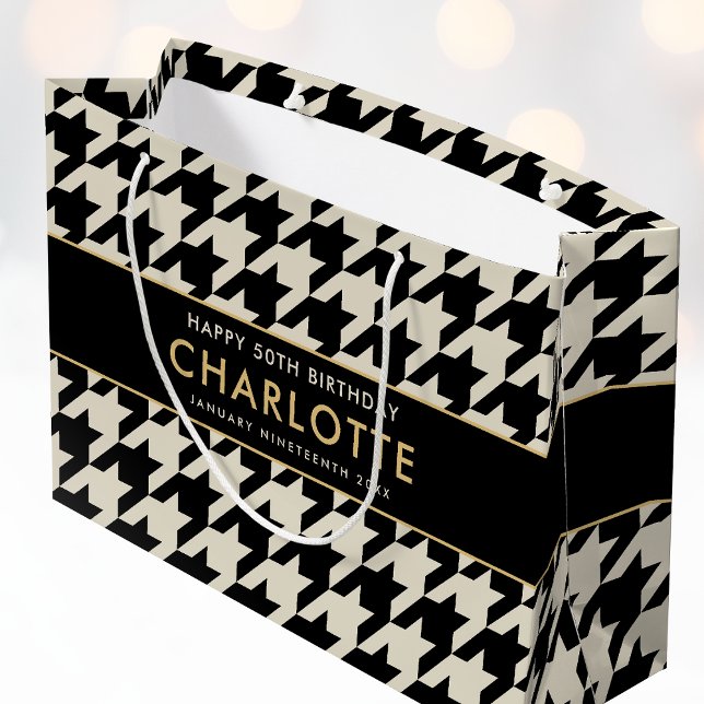 Big Houndstooth Birthday Any Age 50th Off-white  Large Gift Bag (Creator Uploaded)