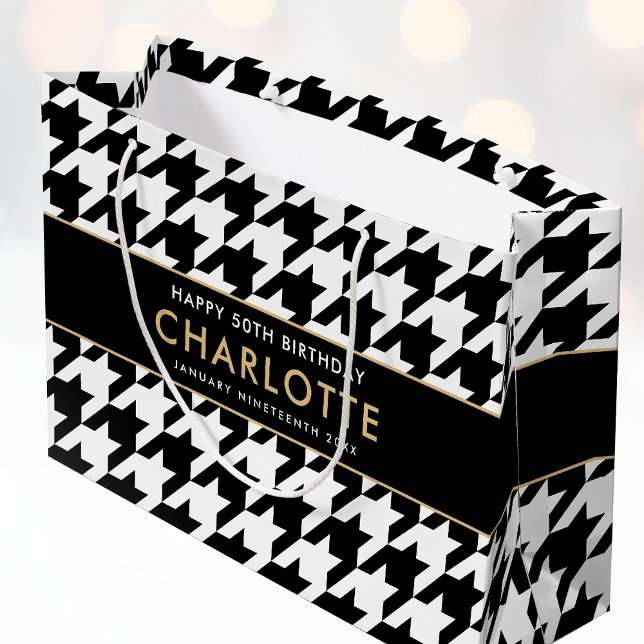 Big Houndstooth Birthday Any Age 50th White Large Gift Bag (Creator Uploaded)