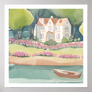 Big House by the Lake and Boat Poster