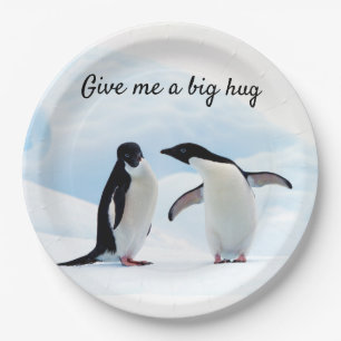 Big hug Penguin on ice photo with text Paper Plate