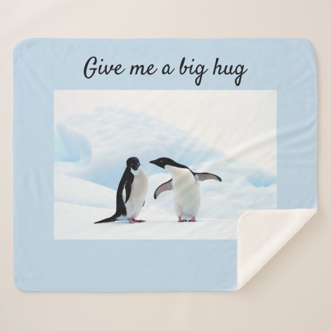 Big hug Penguin on ice photo with text Sherpa Blanket (Front (Horizontal))