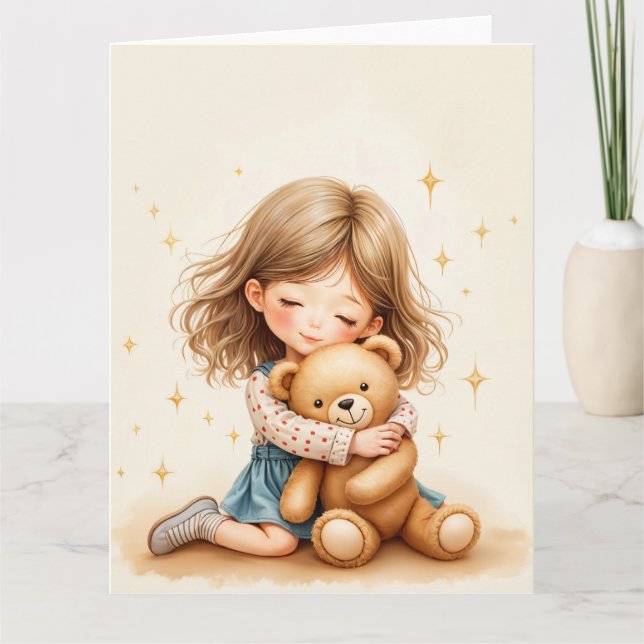 Big Hugs - Cute Girl Hugging Teddy Bear Card (Front)