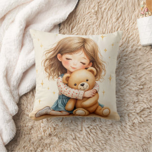 Big Hugs Cute Girl Hugging Teddy Bear Cushion