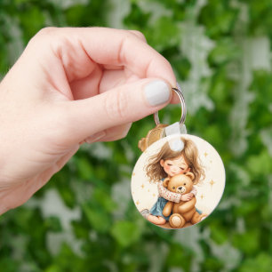 Big Hugs - Cute Girl Hugging Teddy Bear Key Ring