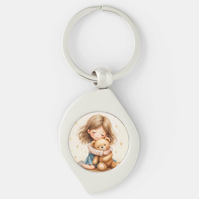 Big Hugs - Cute Girl Hugging Teddy Bear Key Ring (Front)