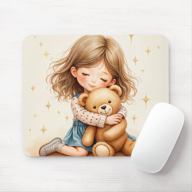 Big Hugs - Cute Girl Hugging Teddy Bear Mouse Pad (With Mouse)