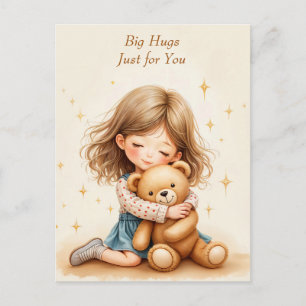 Big Hugs Cute Girl Hugging Teddy Bear Postcard