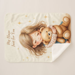 Big Hugs Cute Girl Hugging Teddy Bear Sherpa Blanket