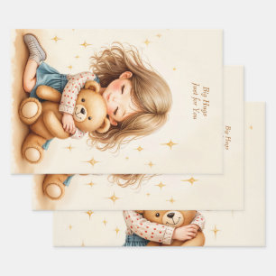 Big Hugs - Cute Girl Hugging Teddy Bear Wrapping Paper Sheet