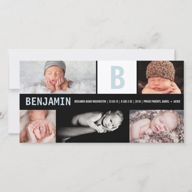 Big Initial Blue Baby Boy Monogram 5 Photo Birth Announcement (Front)