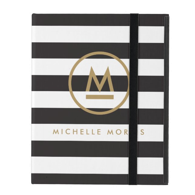 Big Initial Modern Monogram on Bold Stripes iPad Case (Front Closed)